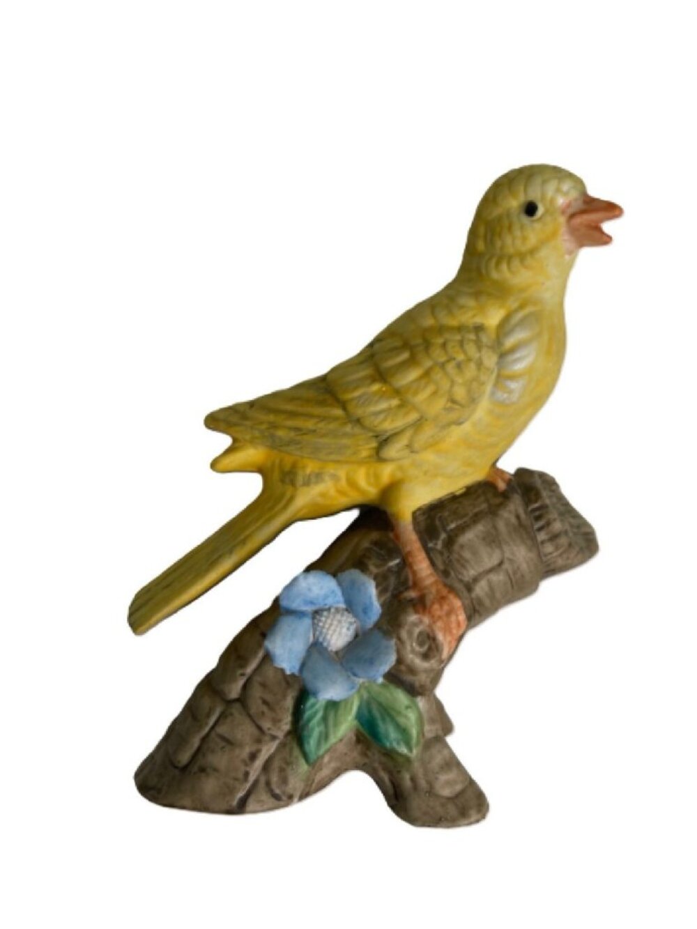 Vintage Yellow Canary Bird Figurine Matte Bisque Porcelain on Branch w/ Flower